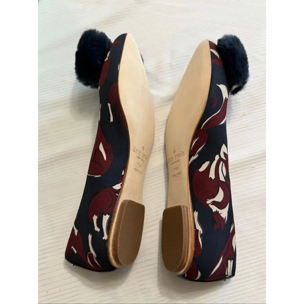 kate spade‎ Navy Floral Fur Bow Flats